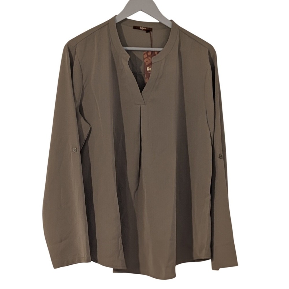 Gaharu Womens XL Olive Drab Split V-Neck Roll‎ Tab Sleeve Pleated Blouse NEW